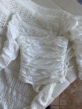 Reformation White Ruched Square-Neck Blouse